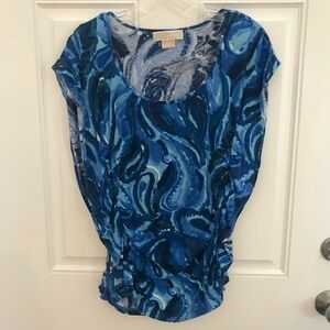 MICHAEL Michael Kors Ruffled & Shirred Knit TOP *Abstract Blue Paisley Print*